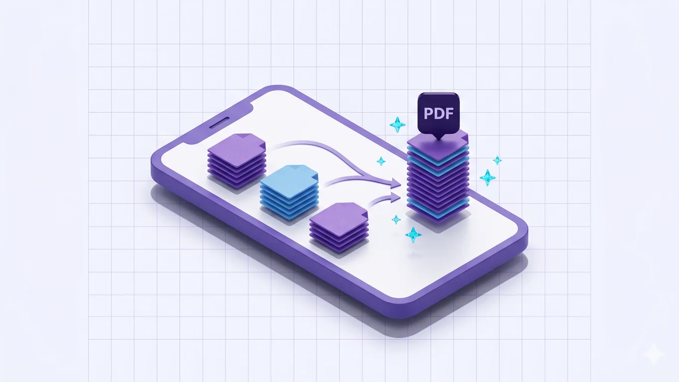 Three separate PDF page stacks on a purple iPhone merging via arrows into one combined PDF, illustrating the NxtTools mobile merge flow.