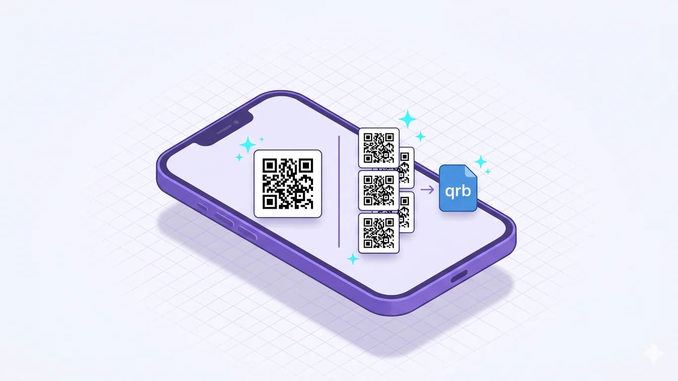 Isometric illustration of an iPhone split-screen comparing one standalone QR code on the left with a stacked list of QR cards flowing into a .qrb bundle file on the right, in NxtTools purple and cyan.