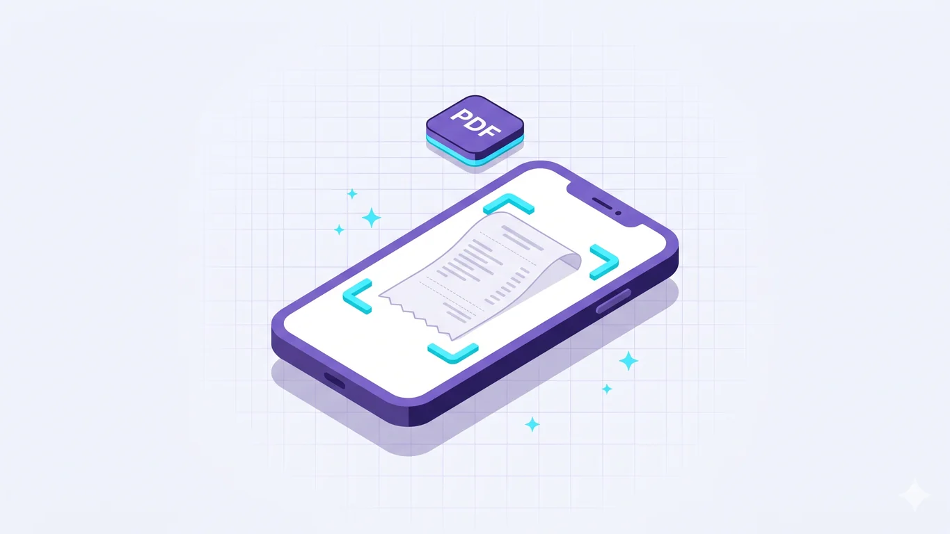 Isometric illustration of a purple iPhone scanning a long thermal-paper receipt with cyan crop brackets, producing a PDF file tile above the screen.
