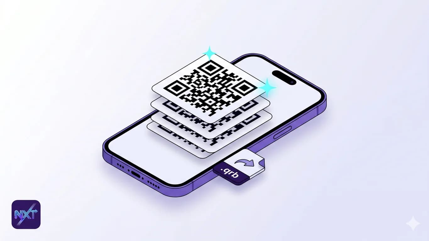 Isometric illustration of a centered iPhone displaying a stack of overlapping QR-code cards with a small .qrb file badge and the NxtTools app icon as a brand watermark in the corner.