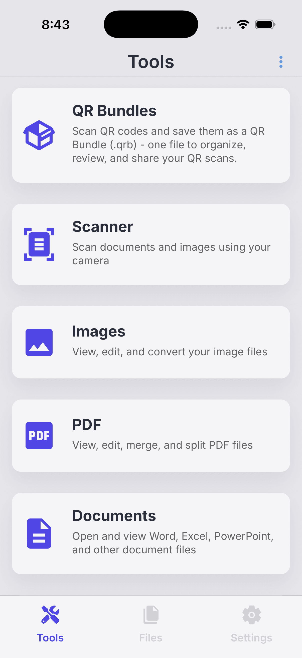 NxtTools mobile app — screen 1 (iOS and Android productivity utility)