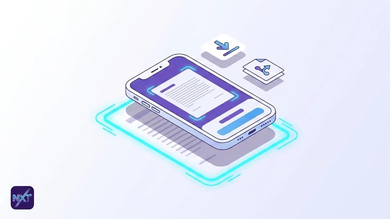 Isometric illustration of a phone scanning a document in a glowing cyan capture frame, with compress and merge tool tiles.