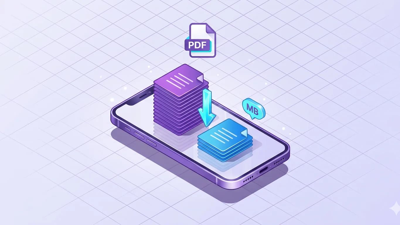 Isometric illustration of a centered iPhone with a floating PDF file icon above it and a purple PDF stack shrinking into a smaller blue stack on the screen, a cyan downward arrow and MB tag indicating file-size compression.