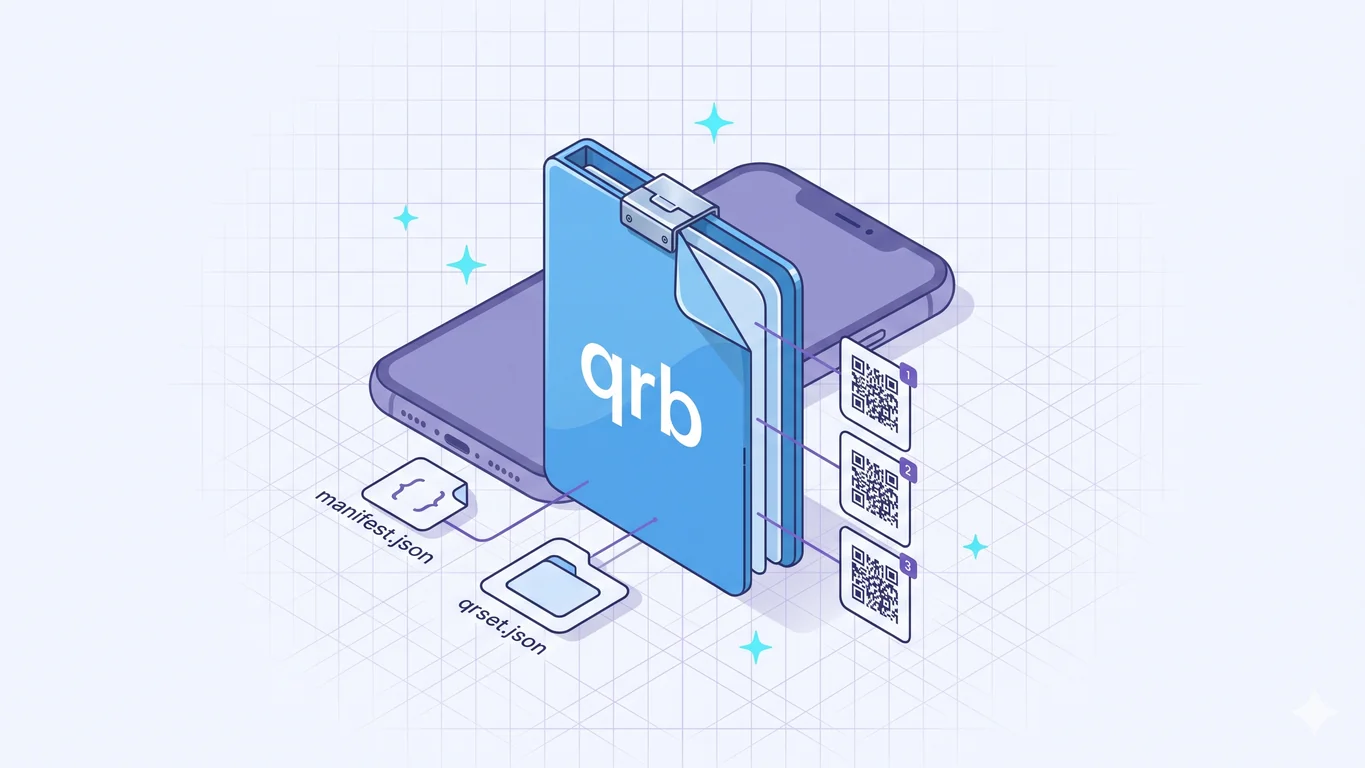 Exploded view of a sky-blue .qrb file icon opened to reveal its manifest.json, qrset.json, assets folder, and ordered QR entries inside.