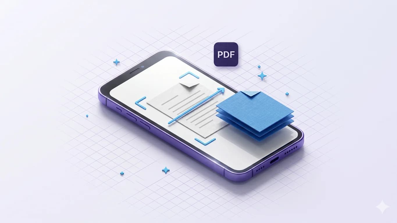 Isometric illustration of a centered Android smartphone scanning a paper document with a cyan viewfinder, a clean PDF stack emerging as the result, and a small PDF file badge floating beside the phone.